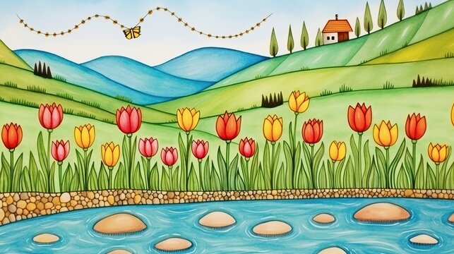 A vibrant painting depicting a lush field of tulips swaying in the breeze next to a tranquil river, with a charming house visible in the background