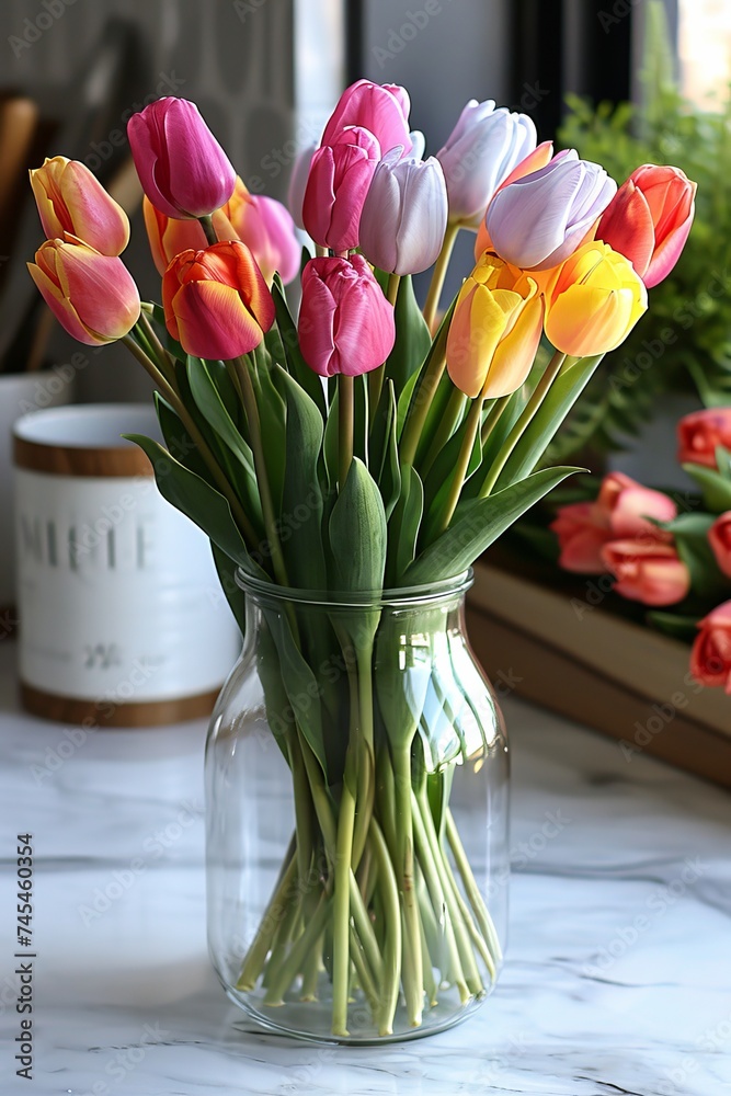 Poster A colorful array of tulips fills a vase, creating a harmonious display of natures beauty