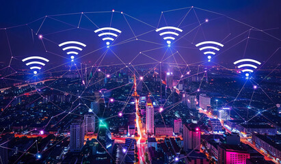 Wireless Network Connectivity Over Illuminated Futuristic Cityscape