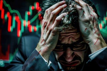 Fototapeta na wymiar Unhappy businessman holding head with his hands, loser. Charts and data on screen. Stock or forex trader. Wall Street trading. AI Generated