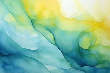 Fotobehang Abstract Watercolor Green and Yellow Gradients Sky Background. Blue Abstract Wallpaper, Brush Stock, Hand Drawing Oil Painting © RBGallery