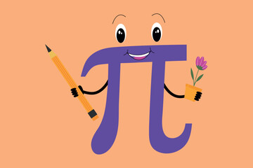 Funny number pi with a pencil and a flower in hands. Vector illustration. - obrazy, fototapety, plakaty