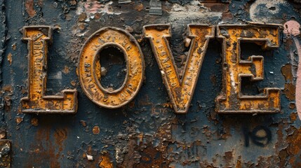 A weathered metal sign bearing the word love in rusted letters, standing as a symbol of enduring affection against the test of time