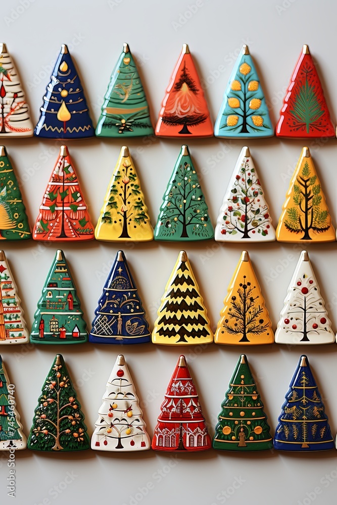 Poster A charming display of small Christmas trees arranged neatly against a wall, creating a delightful and festive scene