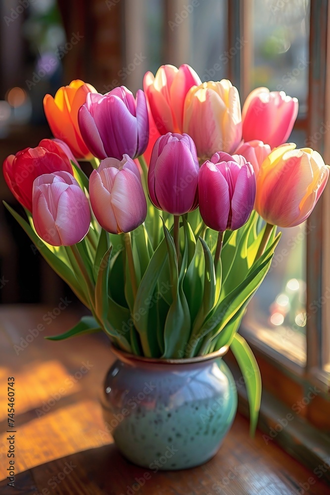 Poster A vibrant vase overflows with a variety of colorful tulips, creating a lively display on a table
