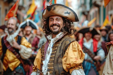 Elegant musketeer in historical attire, portraying bravery and chivalry in an enchanting renaissance setting, a symbol of classic heroism and adventure - obrazy, fototapety, plakaty