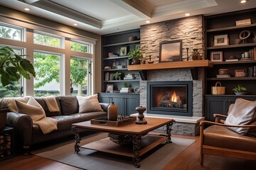 Naklejka premium Contemporary Craftsman Home: Stylish Built-In Shelving, Brick Fireplace, Comfy Lounge