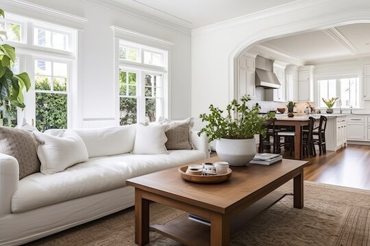 Colonial Revival Kitchen Inspirations: White Sofa and Chic Wooden Coffee Table Delight