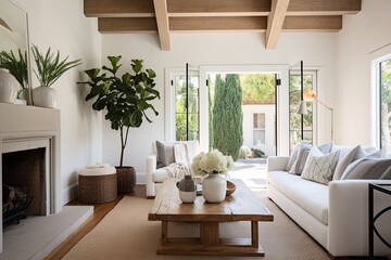 Contemporary Craftsman Home: White Walls & Wooden Beams with Rattan Decor Ideas
