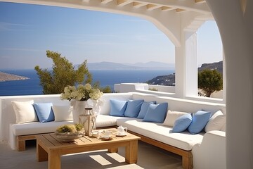 Cozy Grecian Patio Lounge: Blue Cushions, White Sofa, Aegean Breeze Elegance. - obrazy, fototapety, plakaty