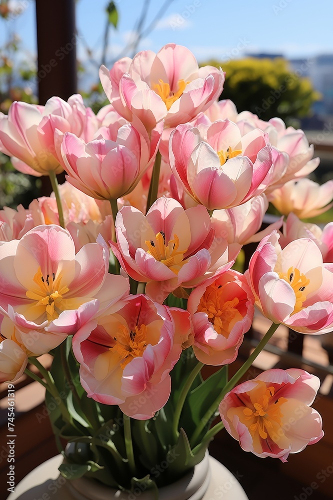 Poster A charming vase overflows with a delightful mix of vibrant pink and soft yellow flowers, creating a stunning visual display of natures beauty and elegance