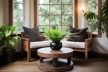 Fototapeta premium Craftsman Style Round Coffee Table with Comfortable Seat and Greenery Accents