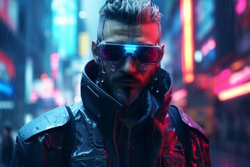 Futuristic Man cyberpunk style. Handsome serious male face with neon illumination. Generate ai - obrazy, fototapety, plakaty