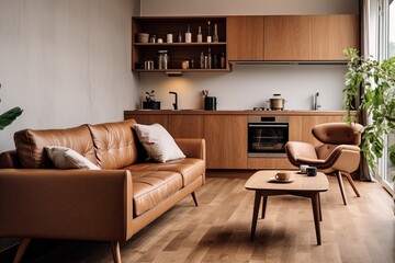 Eco-Conscious Mid-Century Kitchen with Wooden Floor, Sustainable Sofa & Leather Armchair