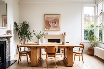Edwardian Charm in a Bright Space: Art Deco Influenced Slab Table and Wooden Chairs