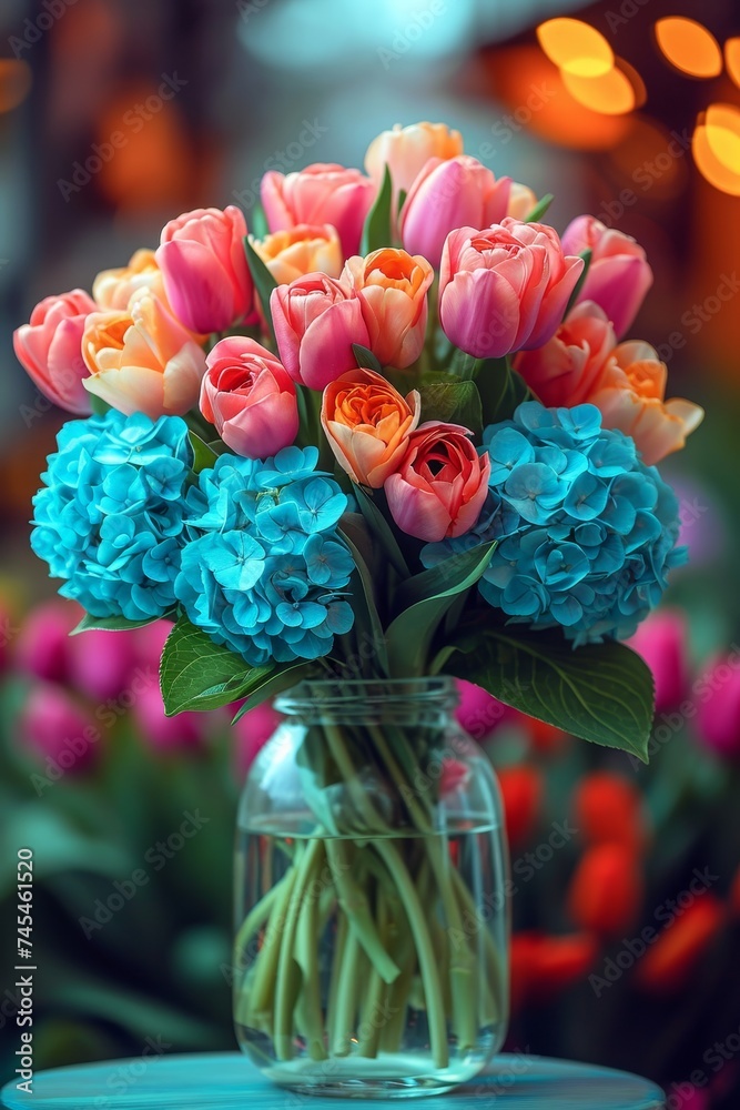 Poster a vibrant arrangement of flowers fills a delicate vase resting on a wooden table, adding a burst of 