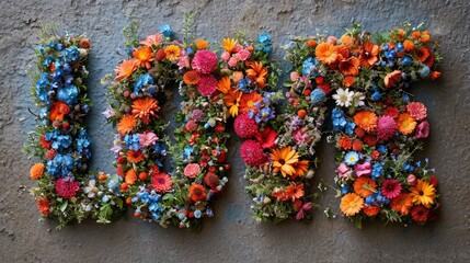 LOVE word takes form through an arrangement of colorful flowers, showcasing natures beauty in a creative and imaginative way