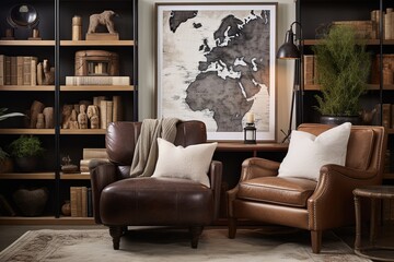 Equestrian Home Office Delights: Equestrian Map Wall Art, Plush Seating, Velvet Cushions