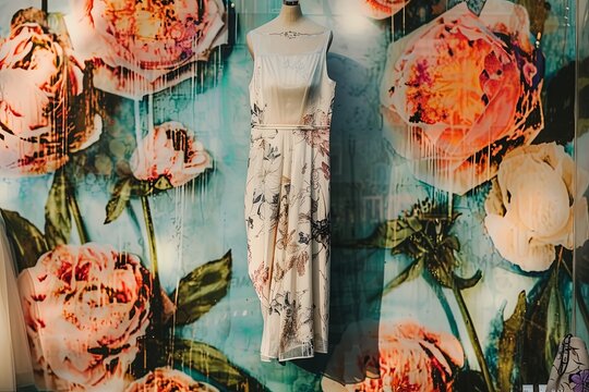 A vibrant dress on a mannequin is showcased against a beautiful floral wallpaper, creating a striking artistic display