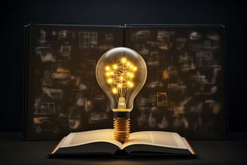 Open Book with Box of Light Bulbs, Blackboard in Background