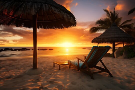 Beach Chairs, Umbrellas, Sunset View, Tropical Tourist Attraction, Coastal Relaxation with Seating
