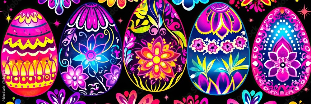 Poster a vibrant group of painted easter eggs sitting elegantly on a sleek black background, creating a stu