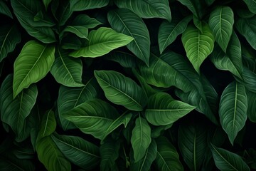 Green Leaf Background Wall Art for Wallpaper, Top View of Leaves Arranged on Black Background