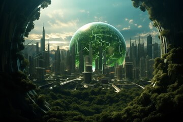 Futuristic City, Technology and Nature Fusion, Cityscape, Modern Buildings, Green Trees Intertwined Together