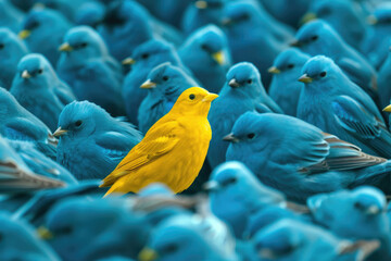 Standing Out from the Flock: A Sole Yellow Bird Among a Sea of Blue Represents Individualism and Uniqueness and the courage to be different in a conformist society. - obrazy, fototapety, plakaty