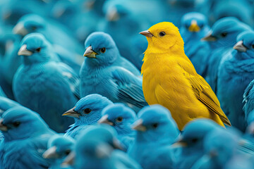 Standing Out from the Flock: A Sole Yellow Bird Among a Sea of Blue Represents Individualism and Uniqueness and the courage to be different in a conformist society.