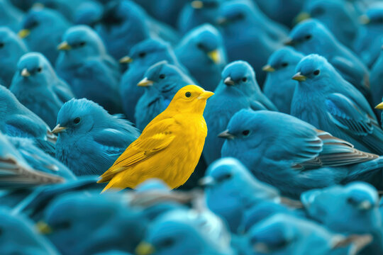 Standing Out from the Flock: A Sole Yellow Bird Among a Sea of Blue Represents Individualism and Uniqueness and the courage to be different in a conformist society.