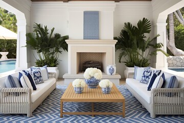 Blue-White Grecian Patio Oasis: Outdoor Fireplace & Elegant Textiles