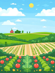 Naklejka premium Cheerful illustration of a farm with rows of vegetables on a sunny day.