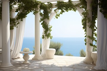 Grecian Oasis:White Pillars, Ivy-covered Walls, Ocean Breeze Patio Designs