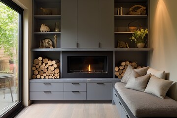 Grey Sustainable Cabinetry, Eco Daybed, Energy-Efficient Fireplace & Organic Textiles Showcase