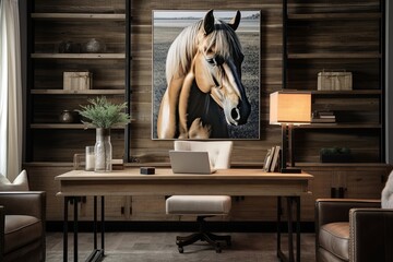 Homestead Equestrian Decor: Timber Accents & Classic Horse Art in Home Office Vibes