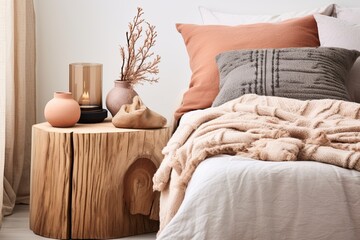 Japanese-Inspired Bedroom Ideas: Terracotta Pillow Paradise with Rustic Wood Stump Side Tables