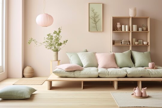 Japanese-inspired Bedroom Ideas: Pastel Wall Colors & Cushioned Floor Seating Harmonies