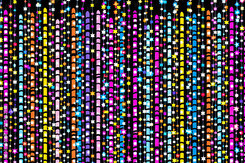 Aufkleber A mesmerizing display of multicolored squares and stars set against a dramatic black background, creating a cosmic symphony of shapes and colors