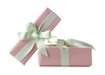 Pink gift boxes on white background. International Women's Day