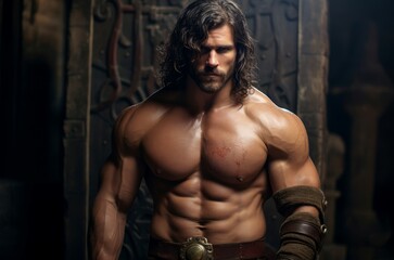 Fototapeta na wymiar Rugged Man muscular medieval photo shot. Beard person. Generate Ai