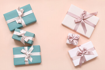 Many gift boxes on pink background. International Women's Day