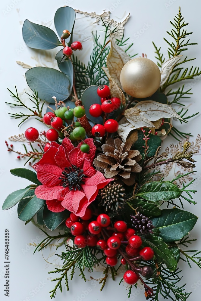Poster a striking bouquet of vivid red flowers and lush greenery rests elegantly on a pristine white surfac