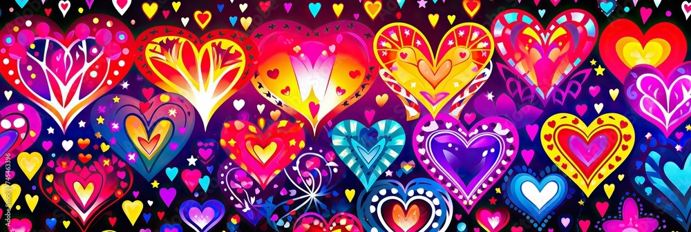Poster a vibrant painting showcasing an array of colorful hearts against a deep black background, creating 