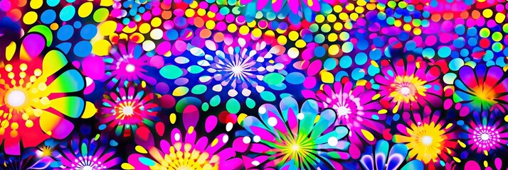 Fototapeta na wymiar Vibrant flowers and whimsical dots dance across a black canvas, creating a burst of color and energy