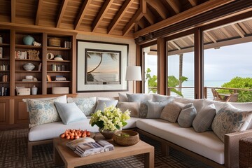 Beachfront Charm: Cozy Living Room with Wooden Grid Ceiling