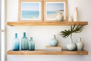 Beachfront Style Living Room: Wooden Shelf with Sea Glass Decorations