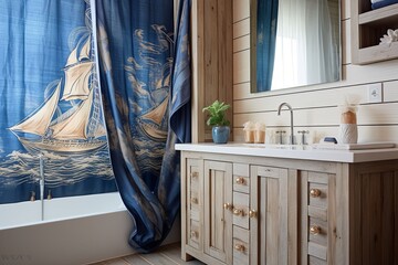 Sea Pattern Curtain Bathroom Design: Wood Vanity and White Sink Fusion