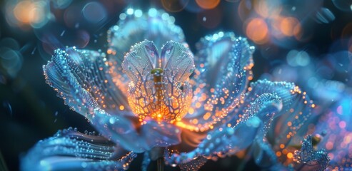 Colorful abstract glowing nature. Iridescent plant flora and fauna. Flower petals and stunning moth butterfly. Closeup macro details.