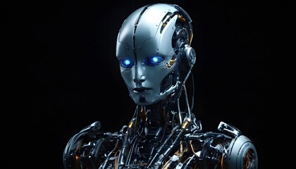 A glimpse into the future with a detailed profile of a futuristic robot, showcasing intricate wiring and mechanical design against a dark backdrop. AI Generated